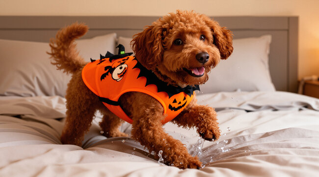 .Sweet and friendly brown spanish water dog playing in the bed of his owner with halloween costume. Funny moments dogfriendly. Lifestyle
