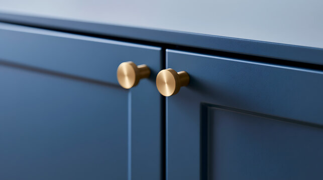 Modern blue cabinet doors with elegant brass round knobs detail shot close up interior design home decor hardware furniture element style