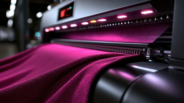 Vivid pink fabric emerges from a high-tech knitting machine in a modern factory, symbolizing advanced textile automation.