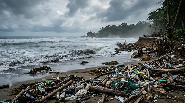 A desolate coastal landscape marred by an overwhelming accumulation of plastic waste and ocean debris, highlighting the severe environmental crisis and global pollution challenge