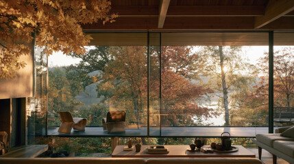 Obraz premium cozy modern living room with large glass window overlooking colorful autumn forest and calm lake during golden hour, elegant wooden interior with fireplace, comfortable chairs, peaceful natural light