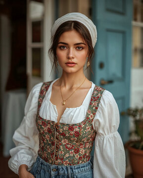 young woman wearing European folk apparel, specifically resembling traditional Alpine regional attire like the Dirndl worn in Austria, Bavaria, and South Tyrol. and jeans