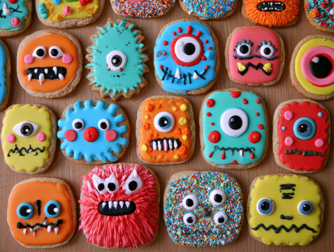 Creative colorful funny monster cookies flat lay background set decorated with colorful icing icing glaze googly eye candies halloween party sweet treats baked goods dessert pattern top view