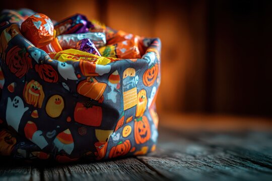 Halloween fabric candy bowl filled with wrapped sweets for trick or treat party display and seasonal table background decoration