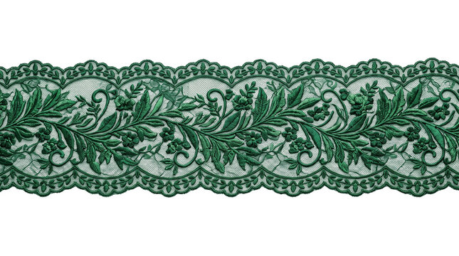 Vintage green lace ribbon with floral embroidery, elegant emerald fabric trim for sewing, decorative botanical lace border isolated PNG with Transparent Background