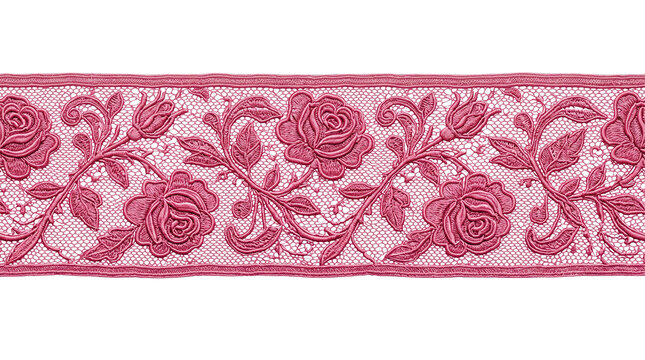 Vintage pink lace ribbon with floral rose embroidery, decorative textile border for sewing, elegant rose pattern lace trim isolated PNG with Transparent Background