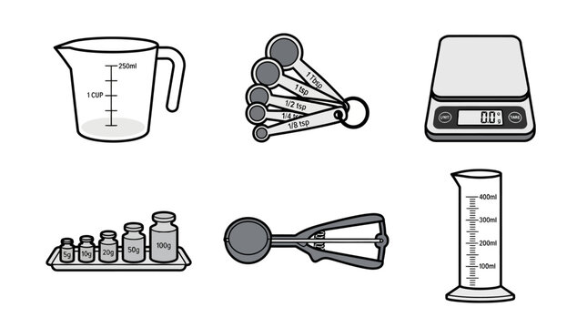 Measuring tools for baking and laboratory use are depicted as a set of monochromatic icons for precise ingredient calculation.
