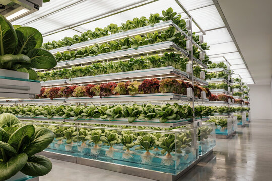 Modern vertical hydroponic greenhouse with rows of lush green leafy lettuce plants