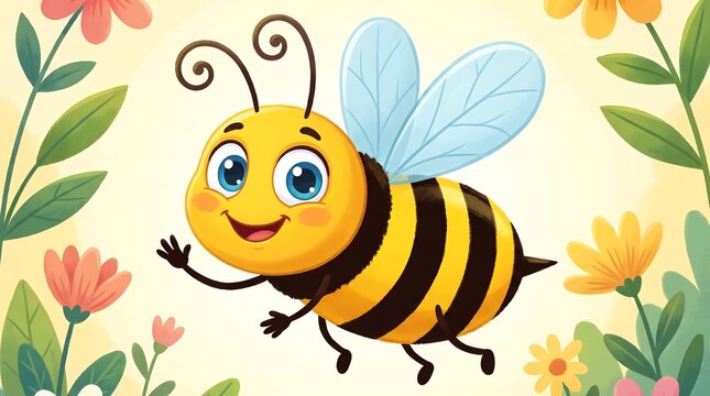 Cute honey bee character flying in spring garden. Happy bumblebee illustration with colorful flowers. Friendly insect mascot for kids.