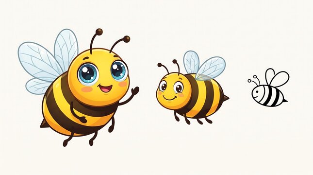 Cute honey bee cartoon characters, friendly bumblebee mascot set, happy flying insect illustrations for kids education and nature design