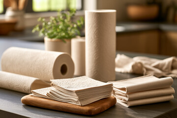 Fototapeta premium Paper kitchen towels and folded paper on a wooden surface in a kitchen setting with plants and natural light
