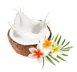 Coconut half with splashing milk, plumeria flowers and green leaf isolated on white © New Africa