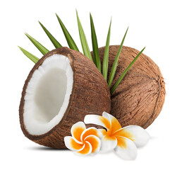 Fresh coconuts, plumeria flowers and green leaf isolated on white © New Africa