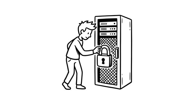 Sleek Black and White of Person Accessing Secured Server Rack with Padlock Symbolizing Cybersecurity