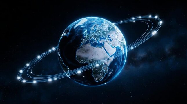 Earth rotating with glowing satellite ring in deep space during night with subtle nebula clouds