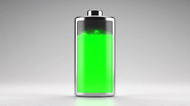 Battery level indicator charging with green fluid in clean studio lighting symbolizing energy and power