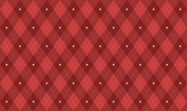 Christmas red rhombus seamless pattern. Xmas red plaid texture with gold line. Argyle geometric diamond abstract pattern. Christmas gift wrapping. Vector illustration isolated on red background.