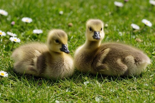 Two fluffy greylag goose goslings rest together on vibrant green grass dotted with small white daisies. Their downy feathers look soft and they gaze outwards with innocent curiosity.