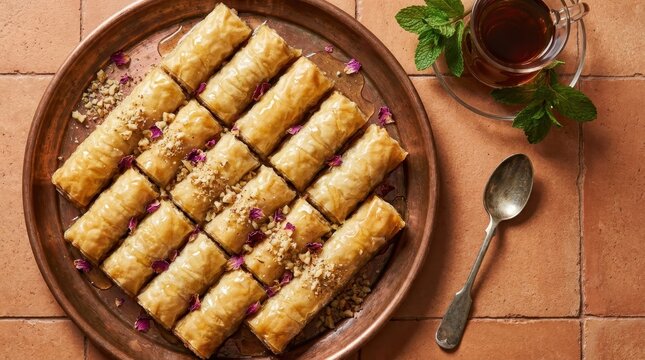 Crispy golden baklava rolls with crushed walnuts and dried rose petals, traditional Middle Eastern dessert served on vintage copper tray
