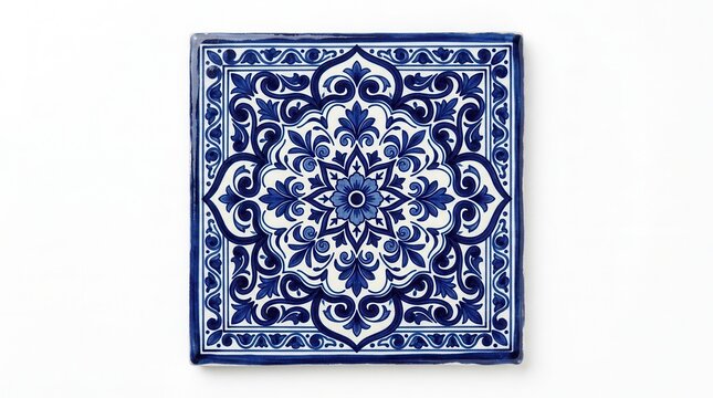 Talavera style ethnic folk ceramic tile with navy blue floral ornament and traditional Portuguese, Spain, and Italian patterns.