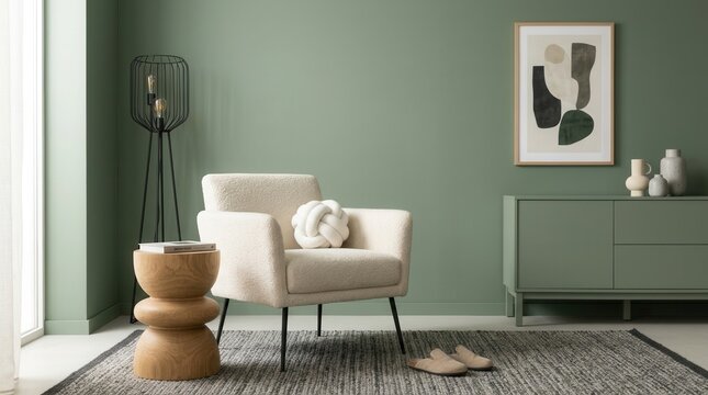 Home staging template of a stylish living room interior design with copy space, featuring a sage green wall, frotte armchair, wooden commode, and mock up poster frame.