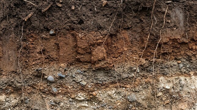 Panoramic view of underground earth texture and cross section of soil layers