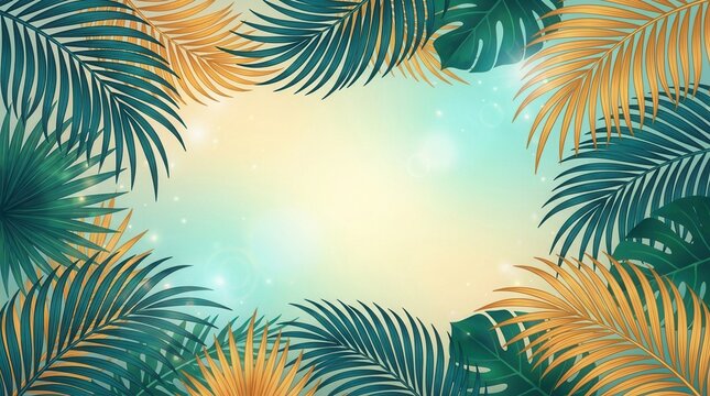 Summer party and holiday vacation themed tropical background with a vintage palm leaf frame and copy space.