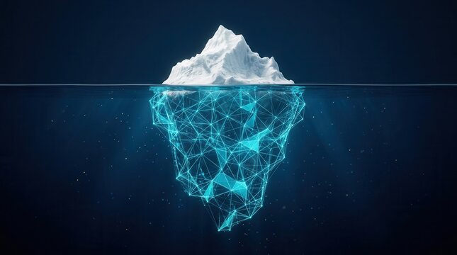 Dark blue sea featuring a floating digital iceberg with an underwater data connection.