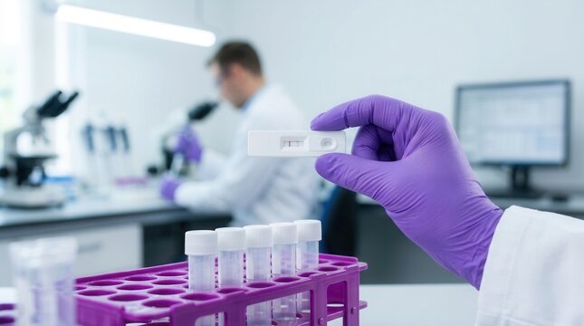 Bright clean laboratory diagnostics concept with a cropped gloved hand holding a lateral flow test strip and purple sample rack