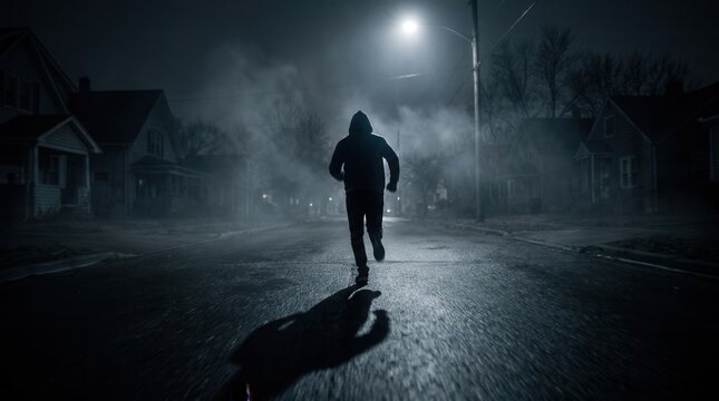 Crime or escape concept of a man in a hoodie running away on a dark street under a street light at night.