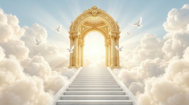 Fluffy clouds with white doves and a golden arch in a stairway to heaven illustration.