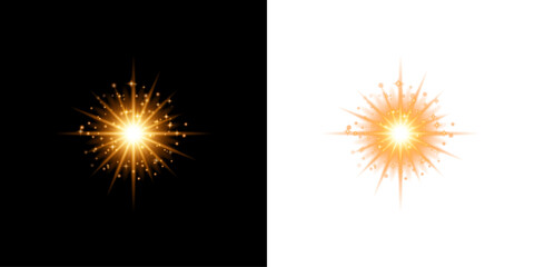 Fototapeta premium Bright golden glowing star light effect on transparent background for creative design projects
