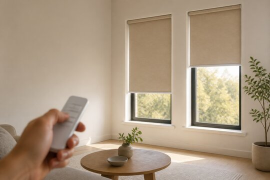 Hand holding remote to control motorized window blinds