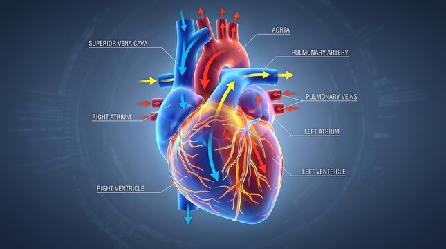 Detailed medical illustration of human heart anatomy with blood flow direction and labels