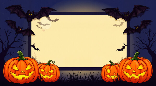 Halloween night frame with bats and Jack O' Lanterns. Vector poster illustration.
