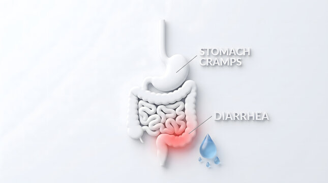 3D medical illustration showing digestive system with stomach cramps and diarrhea