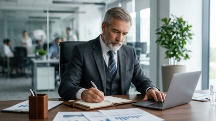 Obraz premium Legal consulting and corporate executive concept featuring a confident senior businessman in a formal suit writing notes and using a laptop at a workspace