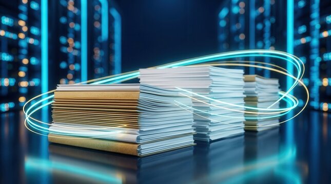 Stacks of documents in a server room as a symbol of secure record governance and enterprise content management.