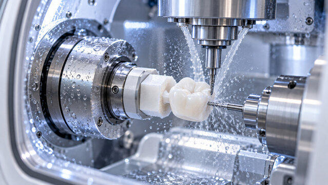 Close Up of CAD CAM Milling Machine Shaping Ceramic Dental Crown