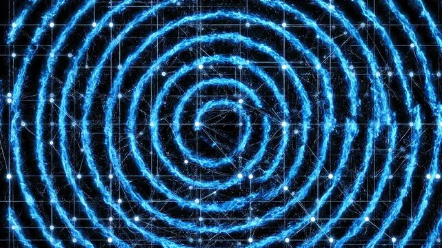 Blue glowing concentric circles expanding and pulsing with digital data points on a dark background in cinematic motion