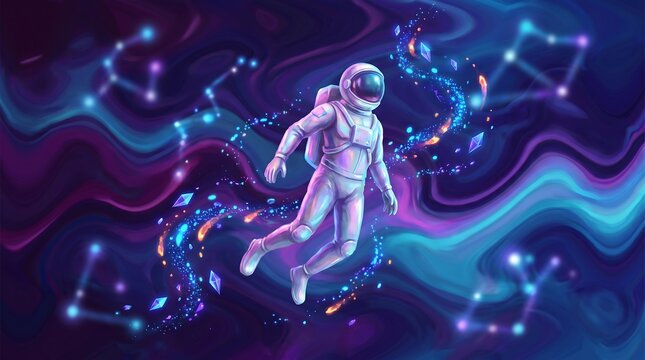 Astronaut floating through a cosmic nebula with glowing starlight and constellation patterns