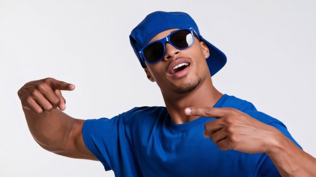 Young man pointing fingers, expressing confidence and style