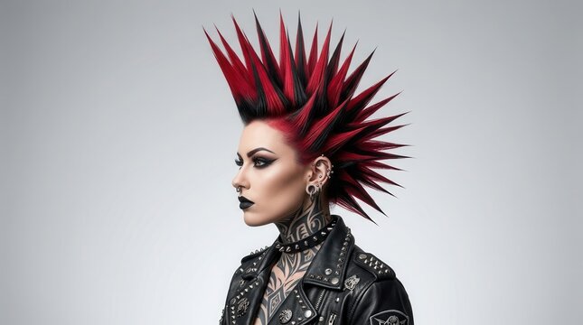 Tall red and black spiky mohawk haircut on a punk rocker woman, side profile portrait.