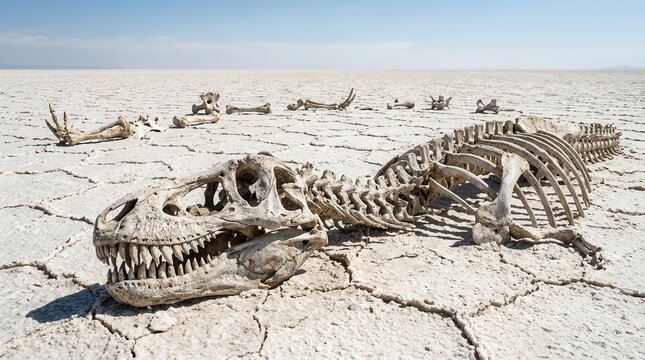 Extinct creatures' fossilized remains and prehistoric animal skeletons in an arid desert