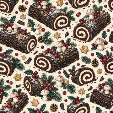 Seamless Yule Log Christmas Pattern with Festive Decorations