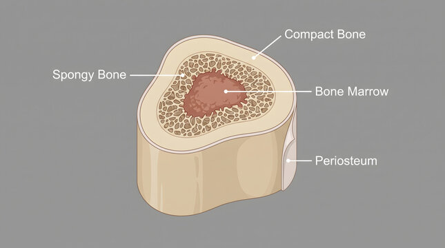 Cross section illustration of human bone anatomy showing layers and marrow