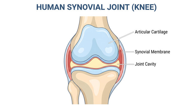 Diagram of human synovial knee joint anatomy with labeled parts