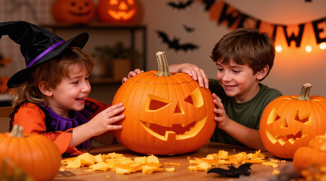 Kids carving pumpkin at Halloween
