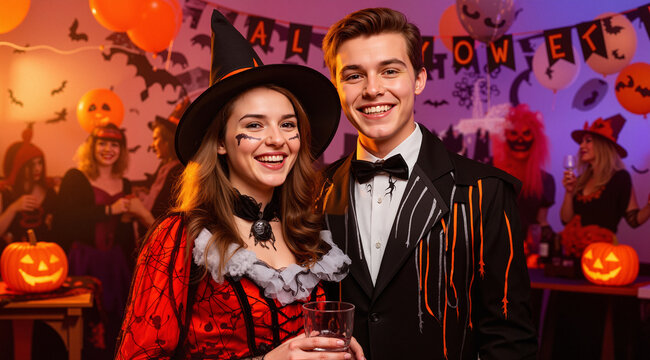 Young Happy Couple in Costumes at Halloween Party
