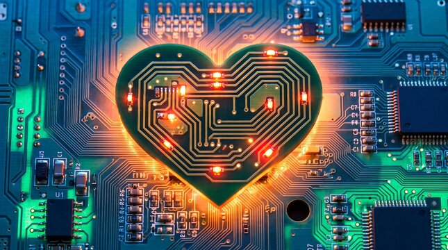 Glowing green heart shaped circuit board with illuminated electronic traces on a computer motherboard